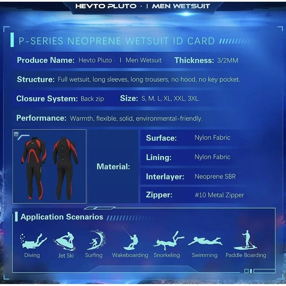 Hevto Pluto-1‎ 3XL Men's 3/2mm Black & Red Neoprene Wetsuit Full Scuba Suits
